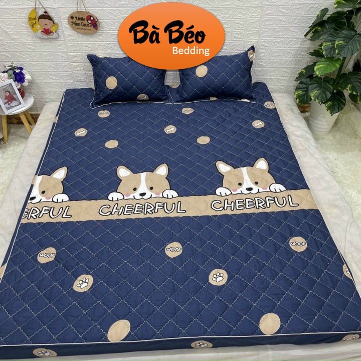 Trọn Bộ Ga + 2 Vỏ Gối Trần Bông, Bộ Ga Gối Chun Chần Cotton Poly, Dày Dặn Đủ Kích Thước M2/M6/M8/2M2 Họa Tiết Cún Cheerf