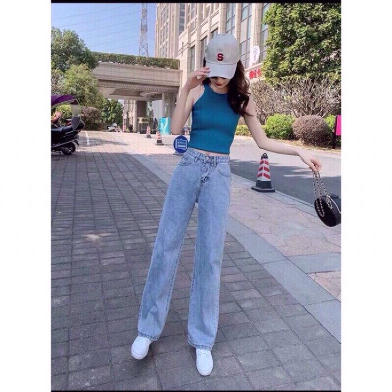Quần jean bò ống rộng suông xuông nữ jeans cạp cao phong cách Hàn Quốc sành điệu