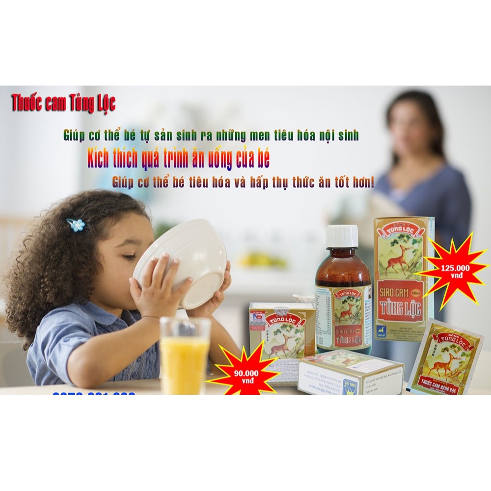 Siro Cam Tùng Lộc giúp bé ăn ngon, giảm kém ăn, kém ngủ, rối loạn tiêu hóa, ra mồ hôi trộm.