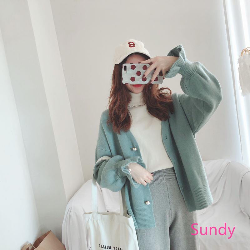 Áo khoác dệt kim màu trơn dáng rộng thời trang mùa thu dành cho nữ