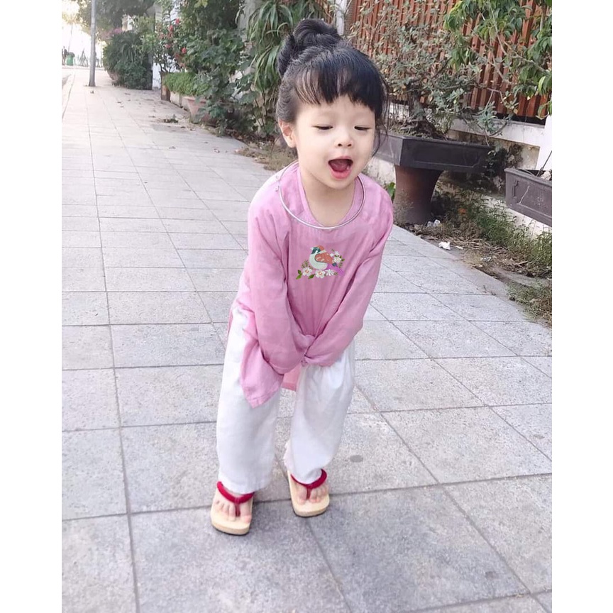 Áo Dài Bé Gái Vải Lụa Mát Lịm Thêu Chim Hoa Quế Chi Tím Hồng