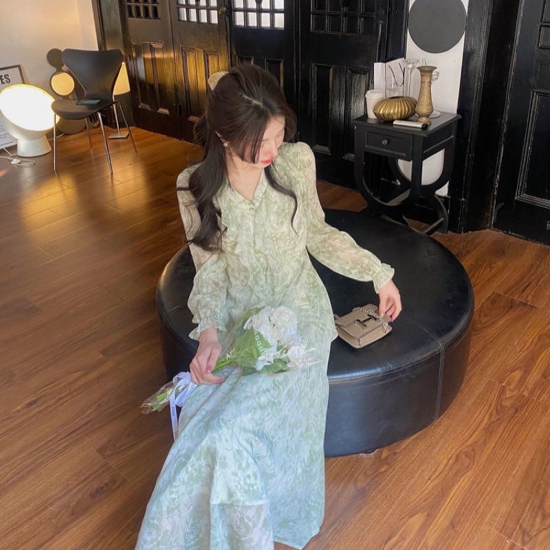 Đầm midi Voan Hoa Dài Tay Cổ Tim Xinh Xắn Dành Cho Nữ Áo dài tay