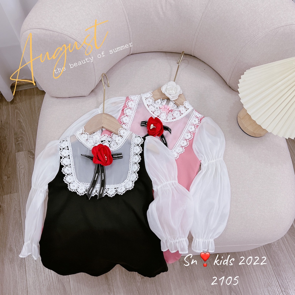 Váy cho bé gái, váy tiểu thư vải chéo hàn phối cổ ren và hoa trà đỏ cho bé size 12-32kg