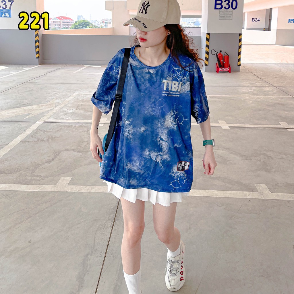 🍀HÀNG ĐẸP🍀 Áo loang thun tay lỡ xanh dương Tibi cực chất unisex oversize vải cotton xượt poli co giãn thấm hút tốt 221