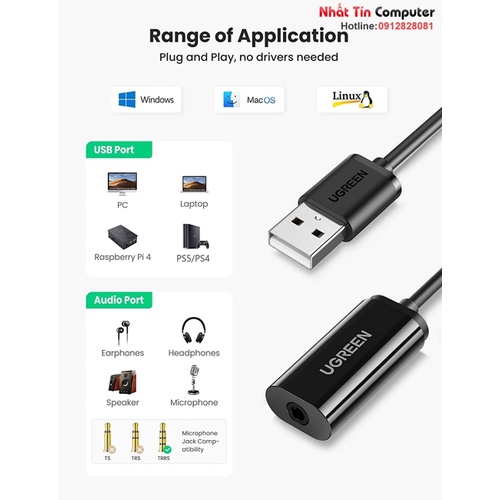 Card sound USB 2.0 to 3.5mm Mic & Loa Ugreen 10330 cao cấp
