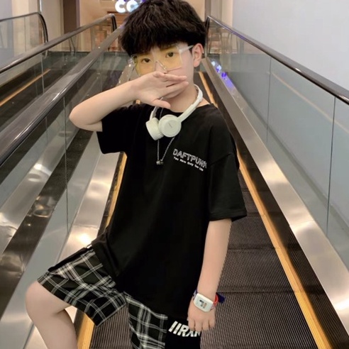 Đồ bộ bé trai CON XINH cotton phối quần caro in chữ DaftPunk,set quần đùi áo thun trẻ em từ 4 đến 10 tuổi