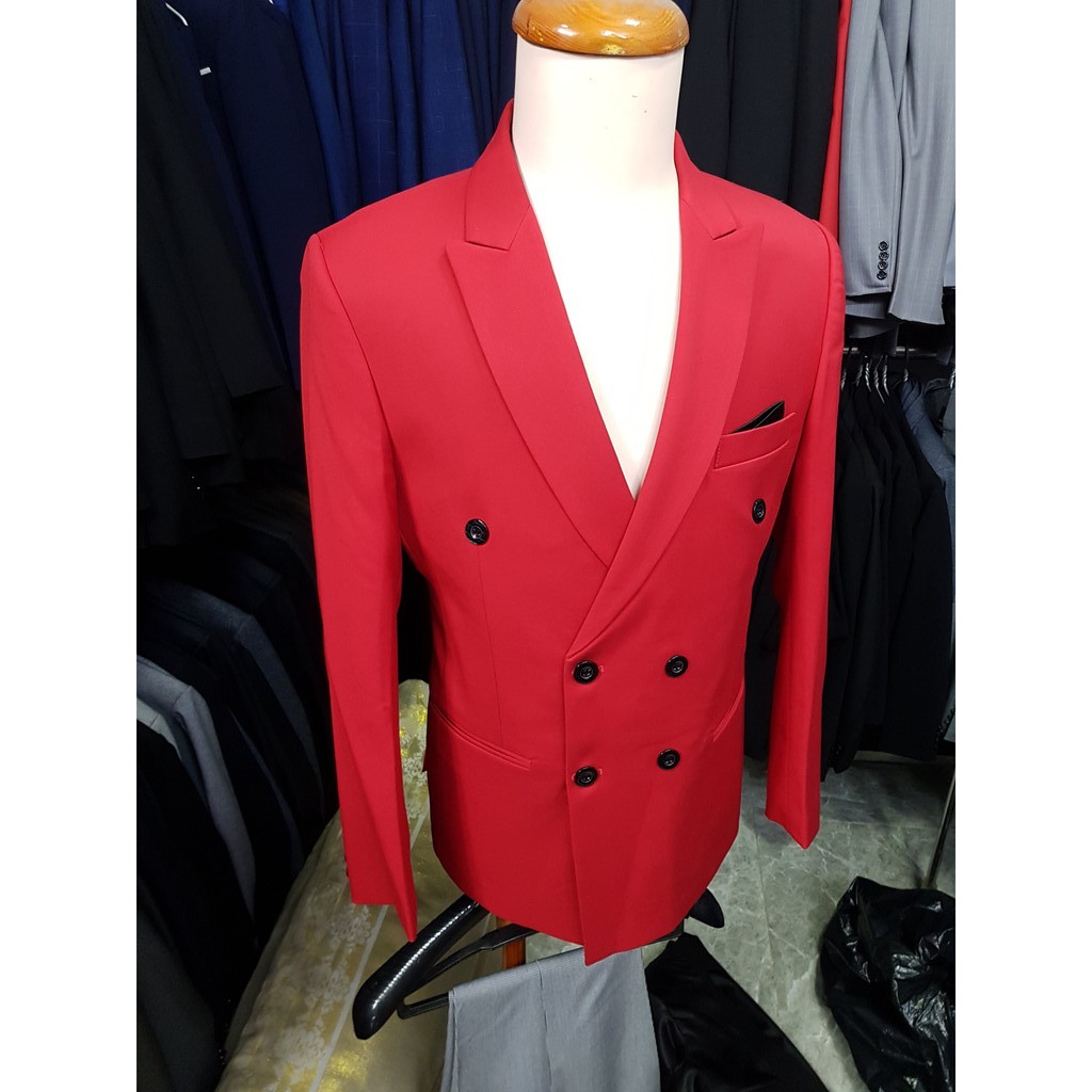 Bộ vest nam 6 nút màu đỏ tươi tặng kèm cà vạt kẹp