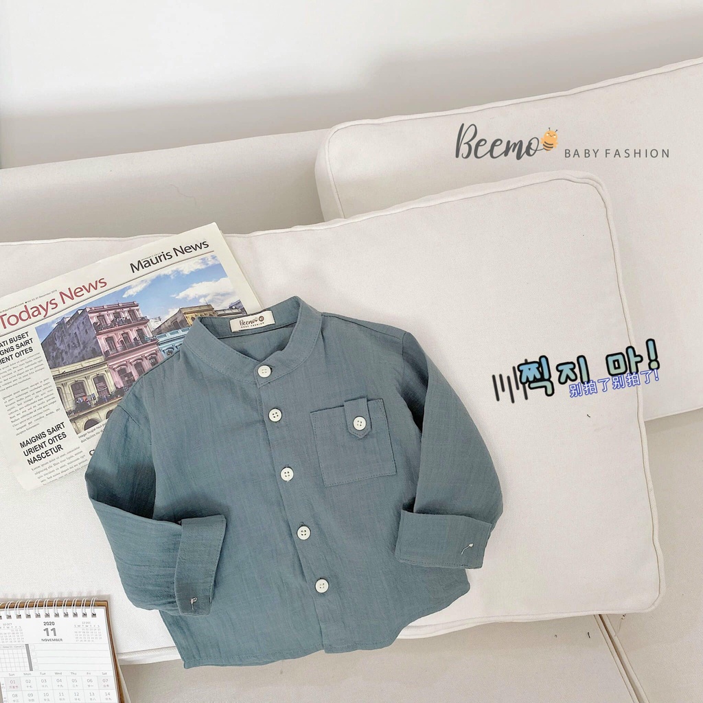Áo sơ mi cổ tàu dài tay phối túi ngực Beemo cho bé trai