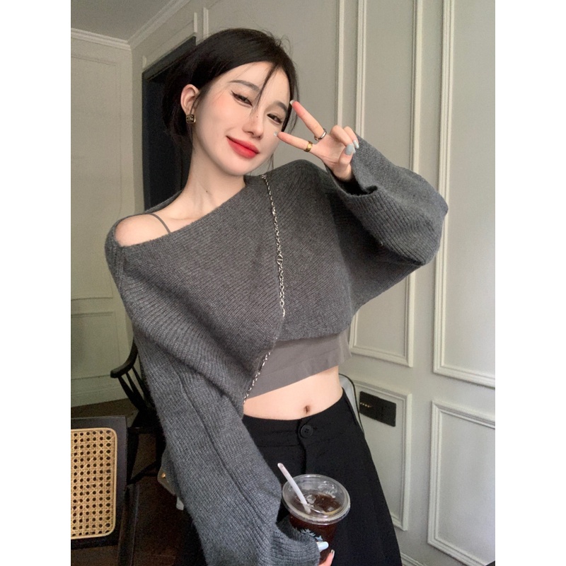 Áo sweater Ngắn Hở Vai Dáng Rộng Màu Trơn Đơn Giản Thời Trang Phong Cách Hàn Quốc