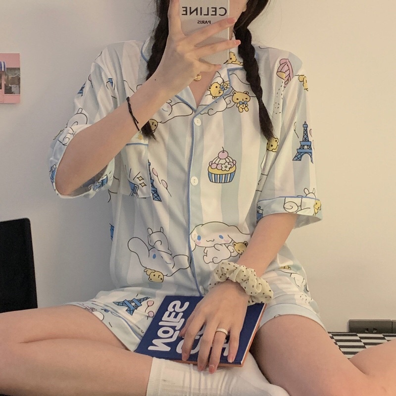 Set đồ ngủ pyjama hoạ tiết cinnamoroll and cake kẻ sọc basic hàn quốc