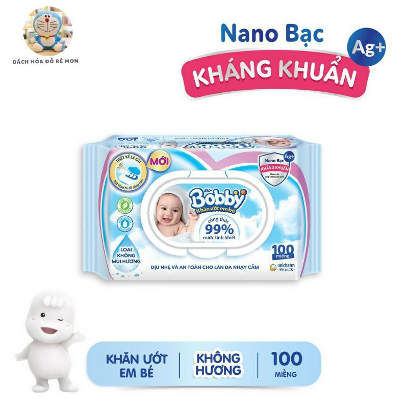 Khăn ướt Bobby 100 tờ không mùi, có mùi.