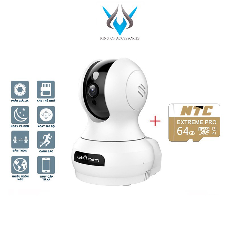 Camera IP Wifi Ebitcam E3 phân giải 4.0MP 2602x1472 siêu nét hồng ngoại ban đêm (Trắng) + Kèm thẻ NTC 64GB chuyên CAM