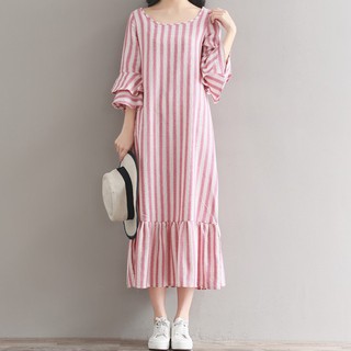 Đầm cổ tròn tay bèo nhúng kẻ sọc vải cotton linen phong cách vintage cho nữ