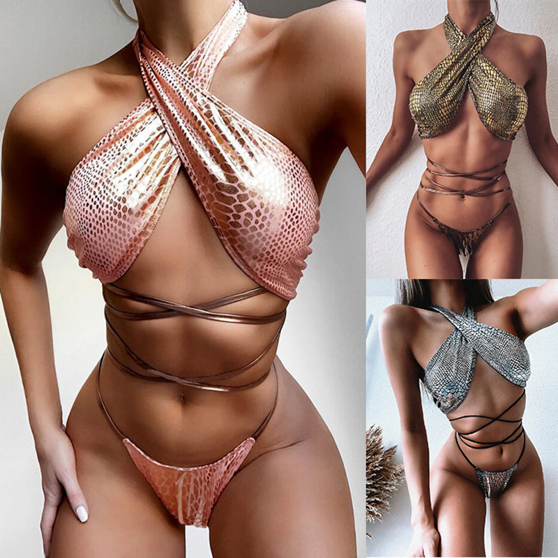 Sexy Bikini Swimsuit Ladies Lace-up Split Swimwear Bikini Set