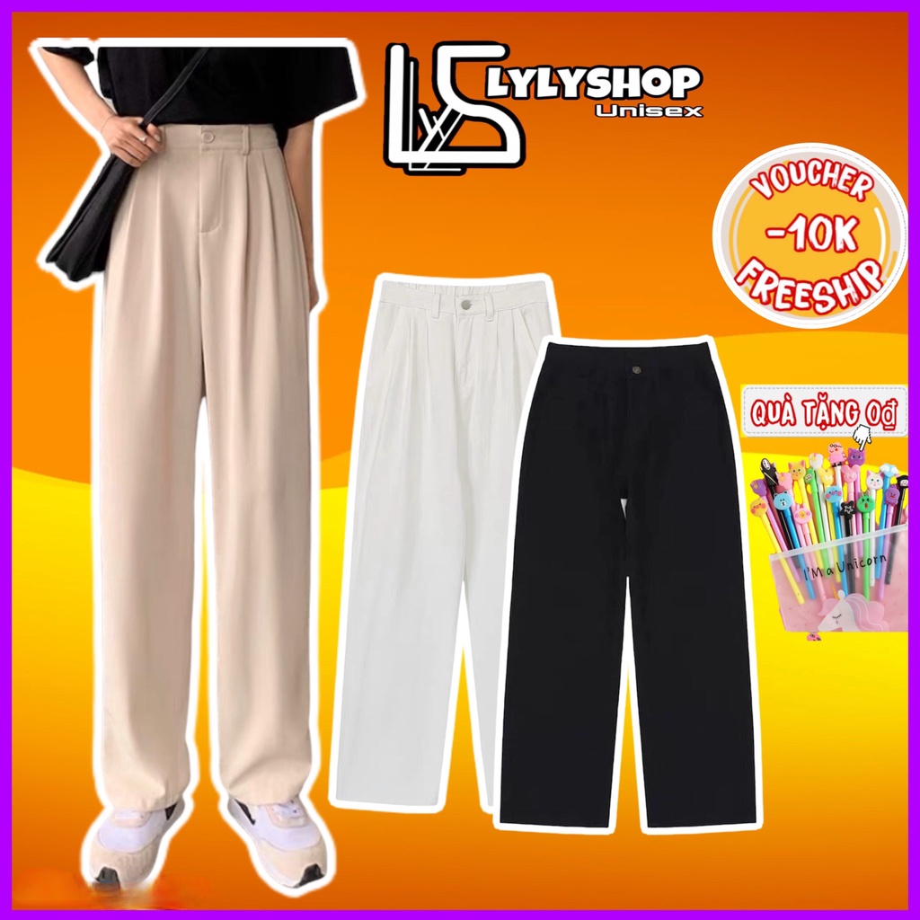 Quần ống suông basic LylyshopUnisex, kiểu quần tây cạp cúc lưng cao ống suông rộng cho nữ chất tuyết cát dày dặn