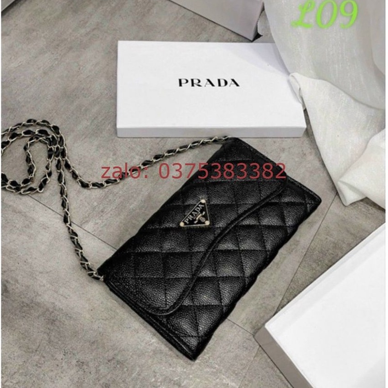 ví prada trần trám in logo lót đỏ, ví dài nữ, túi xách đeo chéo