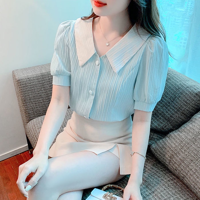 Áo Sơ Mi Tay Ngắn Phồng Cổ Bẻ Thời Trang Mùa Hè Phong Cách Mới Cho Nữ