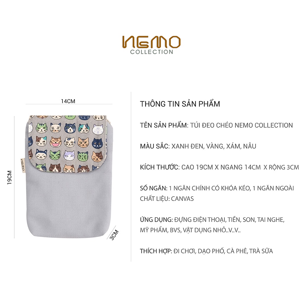 Túi Đeo Chéo Canvas đựng điện thoại, đựng tiền, vật dụng nhỏ, họa tiết Mèo, Cat CROSSBAG - TDCK