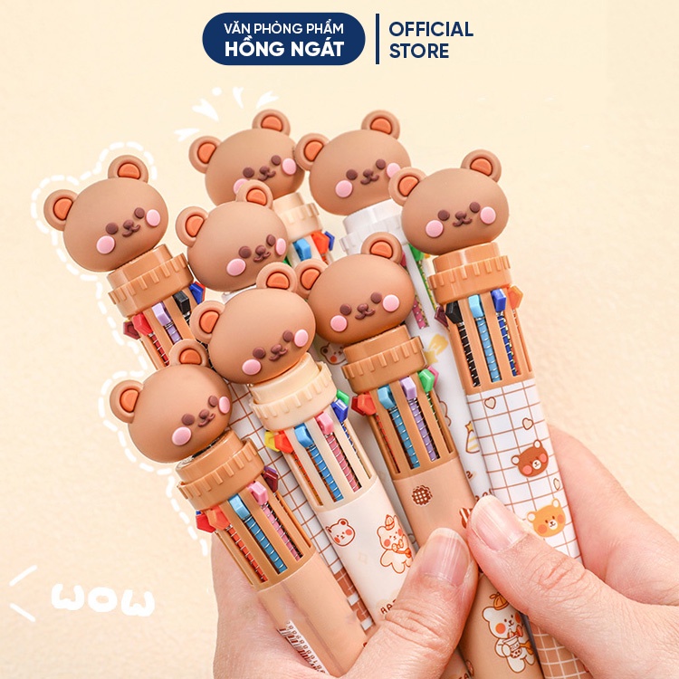 Bút bi cute hình con gấu, bút bi nhiều màu dễ thương 10 màu nhiều ngòi đồ dùng học tập văn phòng phẩm B42