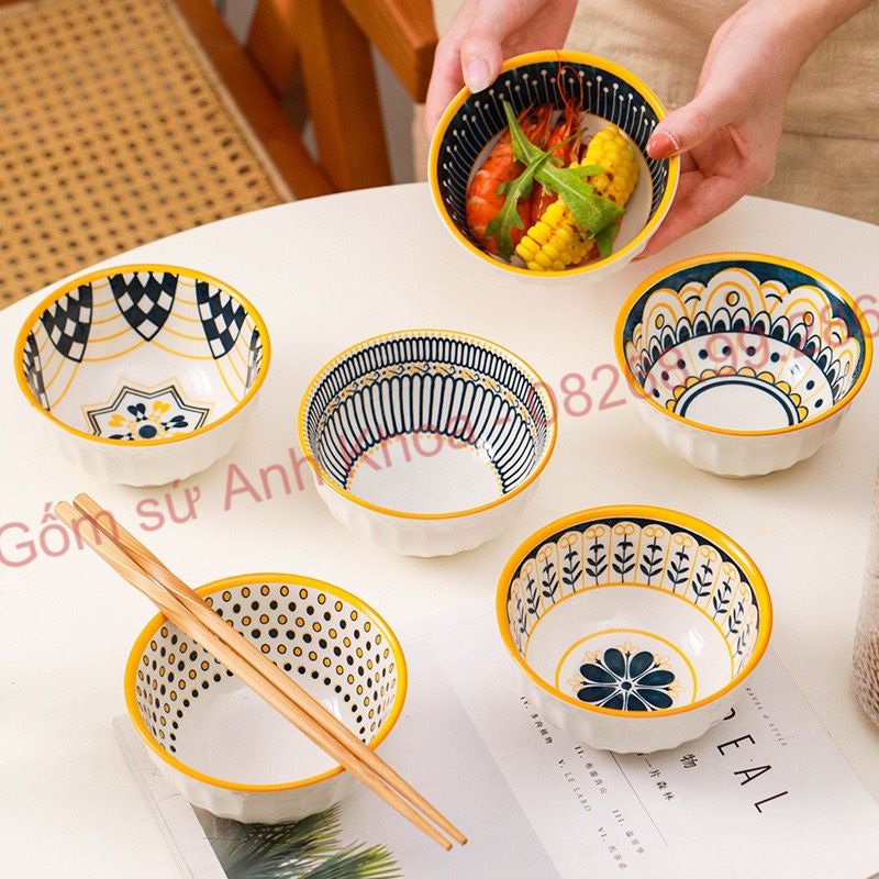 Chén Dĩa Sứ Bát Ăn Cơm Đĩa Sứ Decor trang trí Bát cơm họa tiết thổ cẩm mới lạ độc đáo cho gia đình