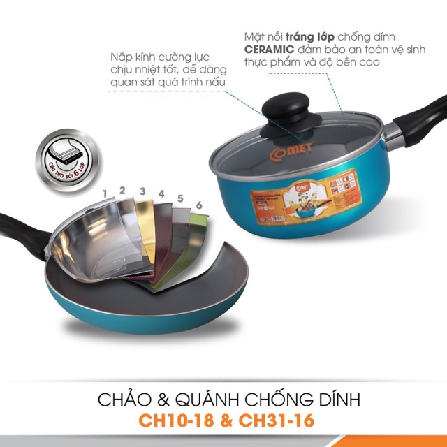 Combo chảo và quánh chống dính Ceramic an toàn Comet CH10-18 &amp; CH31-16