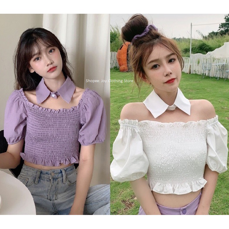 ÁO CROPTOP NGẮN - ÁO SƠ MI KIỂU CRT ULZANG NGẮN TAY BẸT VAI CỔ RỜI 141
