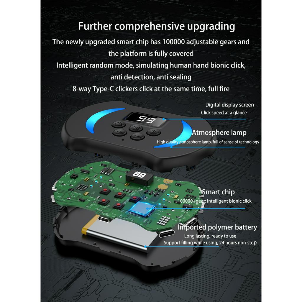 Auto screen click Tap Màn hình báo chí tự động có thể điều chỉnh 6 đầu Đèn LED thở tuyệt đẹp Nhấp vào Tiktok Smart Clicker Nhấp vào Chơi Trò chơi Live Simulator Bionic iOS andorid pad