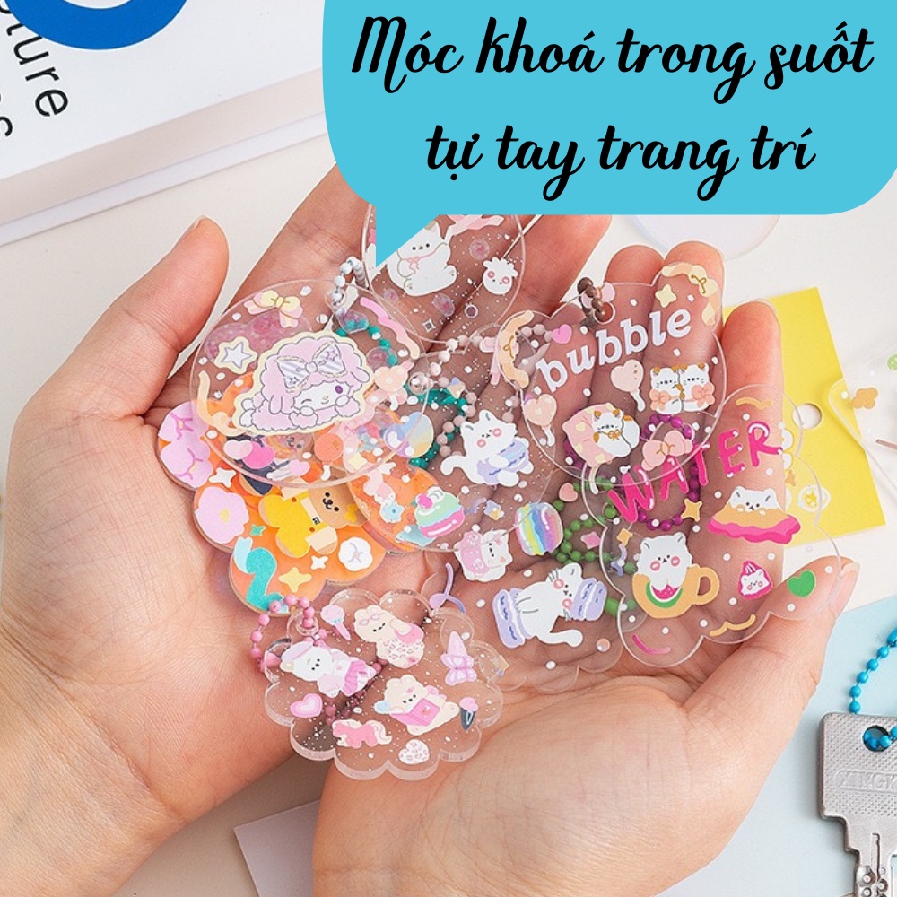 Móc khoá trong suốt đã có sẵn dây treo Tự trang trí bằng sticker cute