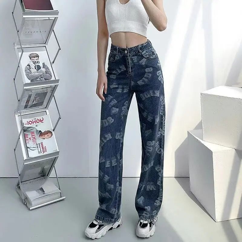 Quần jean nữ ống rộng in chữ phong cách Hip hop thời trang đường phố