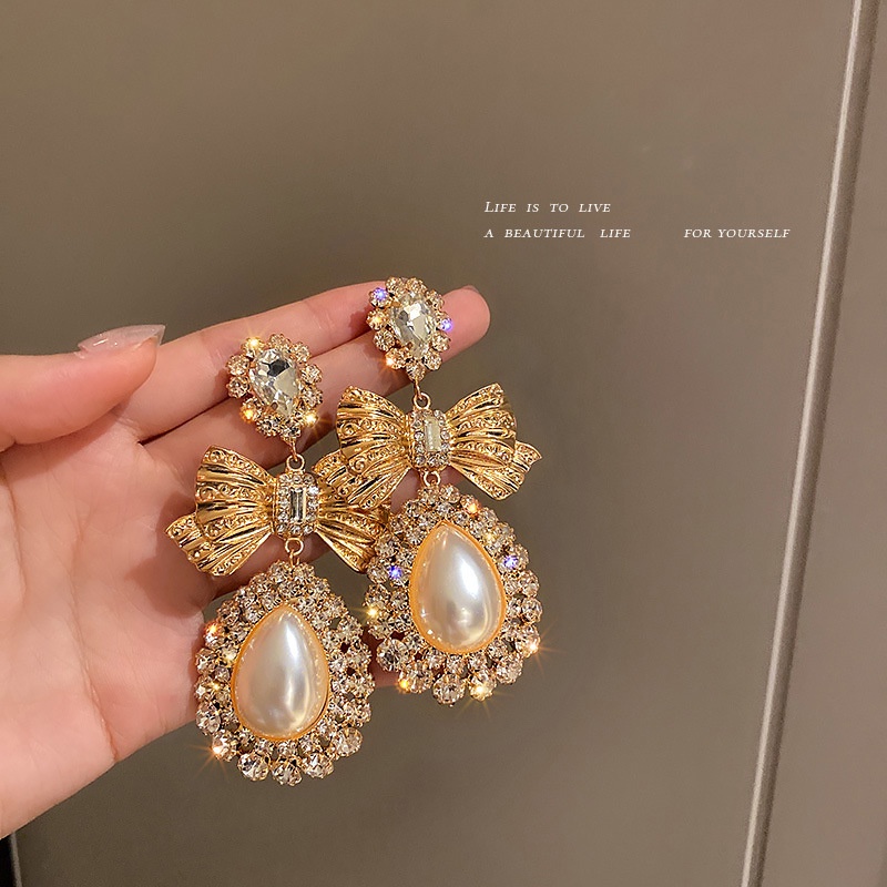 Khuyên tai chốt bạc 925 mặt hình nơ bướm đính ngọc trai nhân tạo phong cách Hàn Quốc