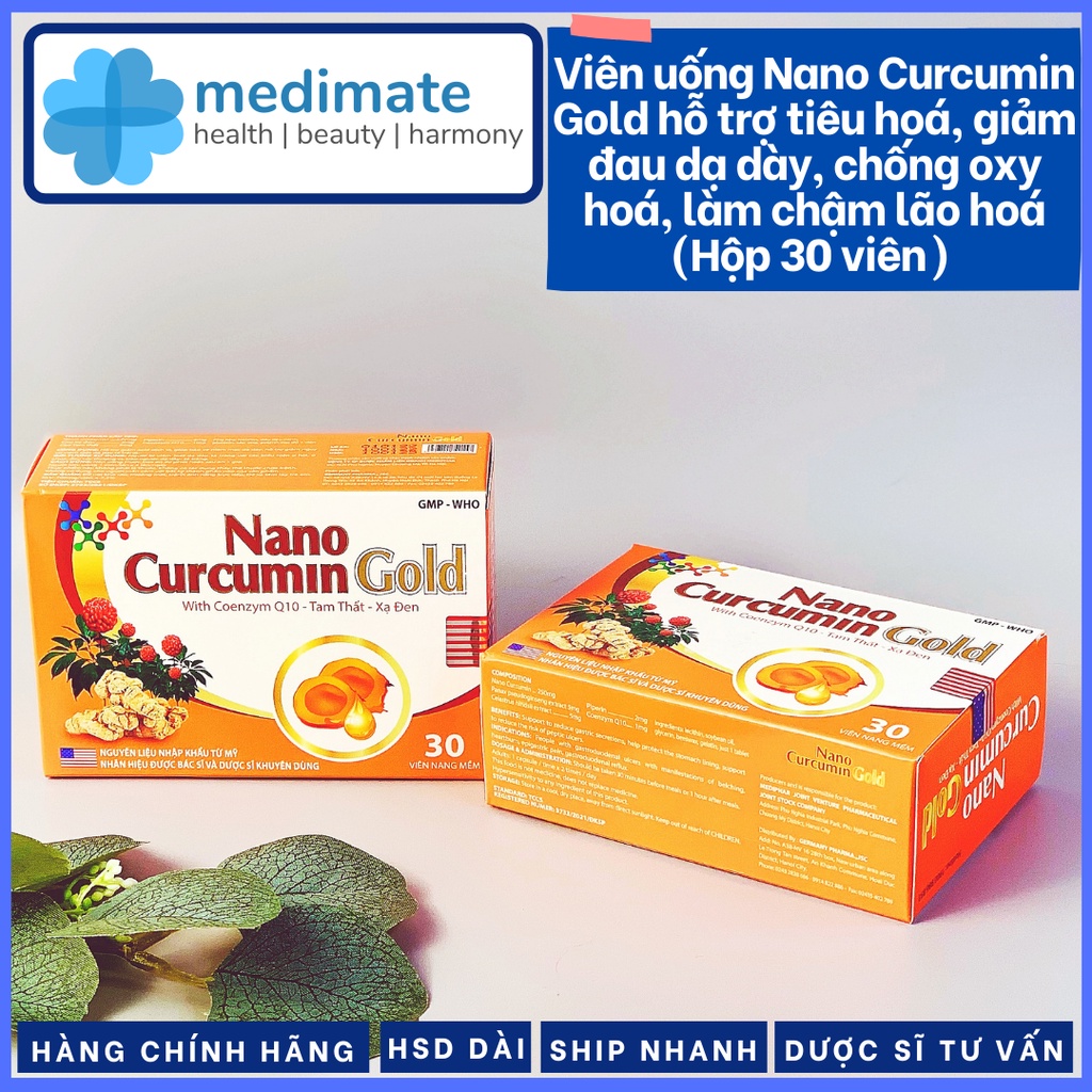 Viên uống Nano Curcumin Gold hỗ trợ tiêu hóa, giảm đau dạ dày, chống oxy hóa, làm chậm lão hóa (Hộp 30 viên)