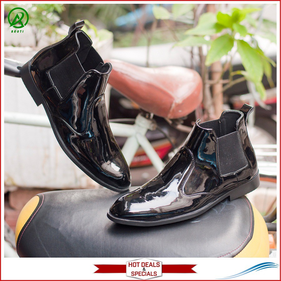 Giày Boot Nam AROTI Cao Cổ Chất Đẹp Cao Cấp,Đế Khâu Siêu Bền, Tăng Chiều Cao 3cm Form Hàn Màu Đen - CB520-Bóng sp1