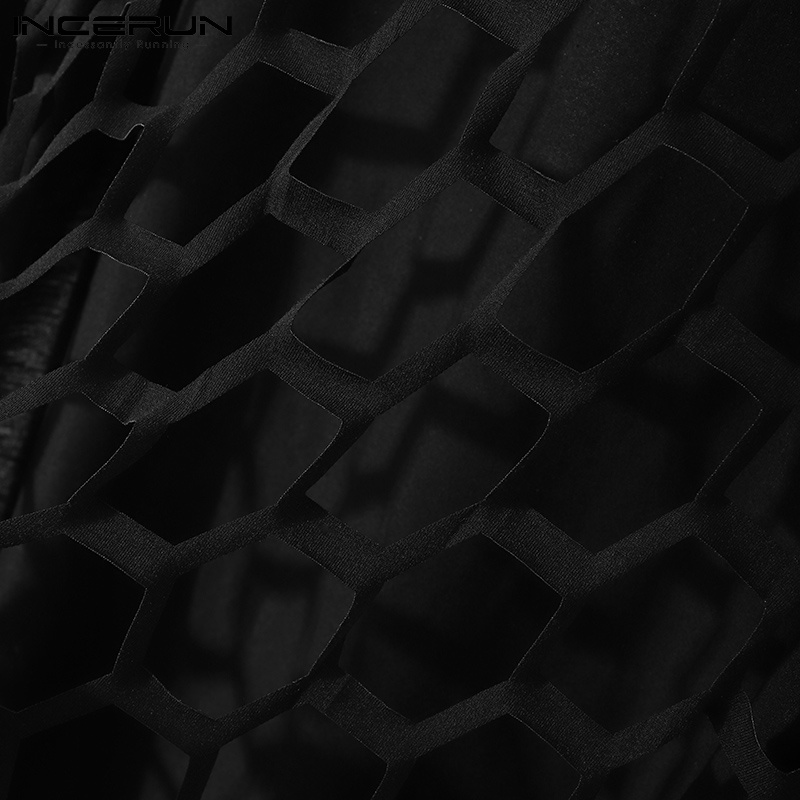 Áo thun INCERUN thiết kế tay ngắn cổ tròn màu đen thiết kế lỗ thời trang cho nam