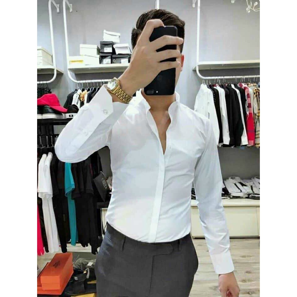 Áo sơ mi nam màu trắng dài tay, chất liệu lụa dày dặn với độ bền cao, thời trang công sở Hàn Quốc.