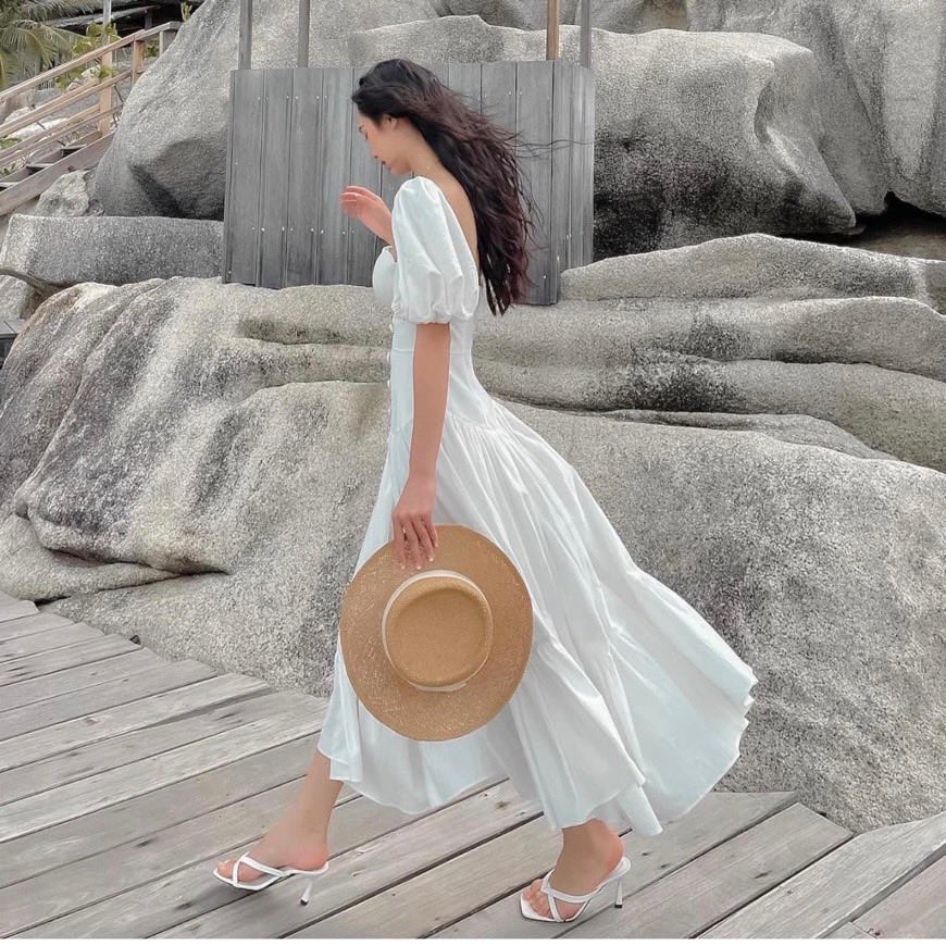 [Mã SKAMA06 giảm 8% tối đa 50K đơn 250K] ĐẦM MIDI TRẮNG CỔ VUÔNG NÚT BỌC TAY PHỒNG ĐUÔI CÁ | BigBuy360 - bigbuy360.vn