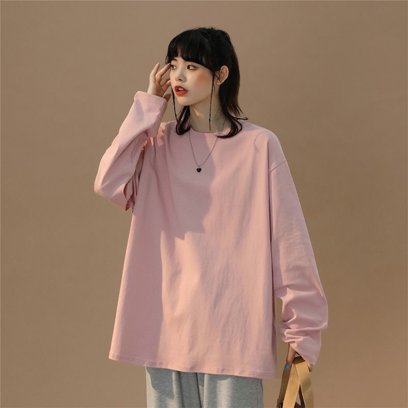 Áo Thun 100% Cotton Tay Dài Dáng Rộng Màu Trơn Phong Cách Thời Trang Hàn Quốc 2022