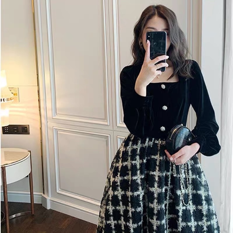 N19 Váy nhung ulzzang tiểu thư cổ vuông xoè tay bồng dự tiệc đi làm đi chơi siu xinh siu sang trọng có BIG SIZE