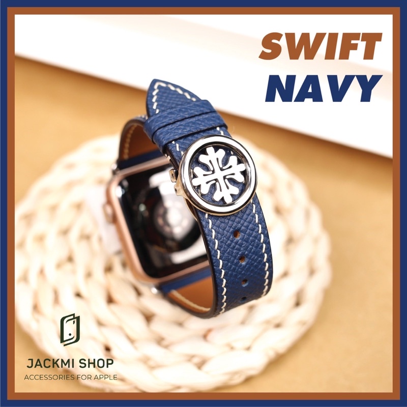 [DÂY DA THẬT]DÂY DA BÊ EPSOM MAY TAY THỦ CÔNG XANH NAVY CHỈ TRẮNG KHÓA PATEK CHO APPLE WATCH SERIES 1=&gt;6(BẢO HÀNH 1 NĂM)