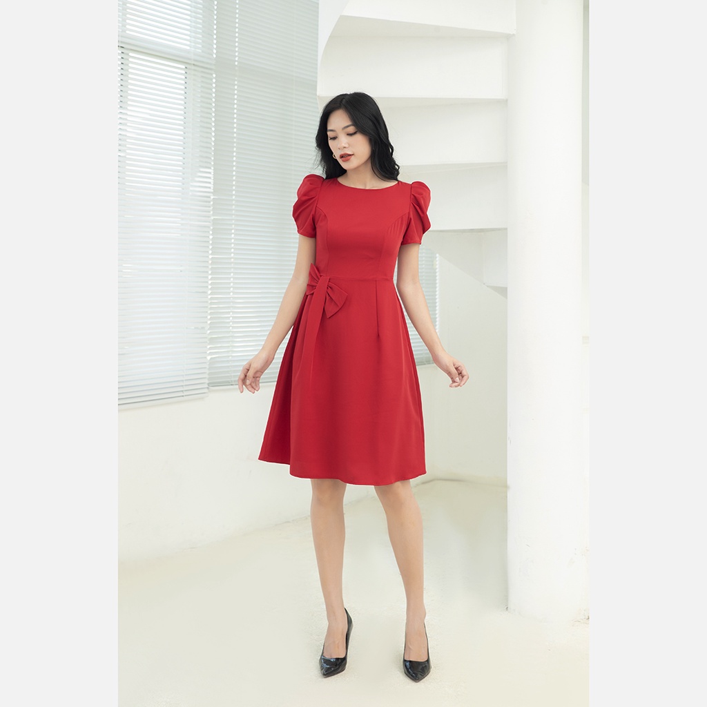 Đầm nữ công sở thiết kế 2 lớp thời trang Eden tay phồng phối nơ có túi chất liệu co giãn thoáng mát - D451