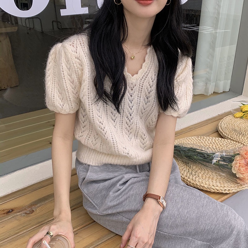 Áo Dệt Kim Tay Ngắn Cổ Chữ V Thời Trang Phong Cách Phương Tây Cho Nữ