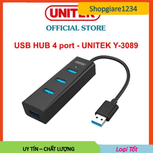 Hub chia USB 4 cổng chuẩn 3.0 Unitek Y-3089 tích hơp chức năng sạc - Hỗ trợ truyền data lên đến 5Gbps (Đen)