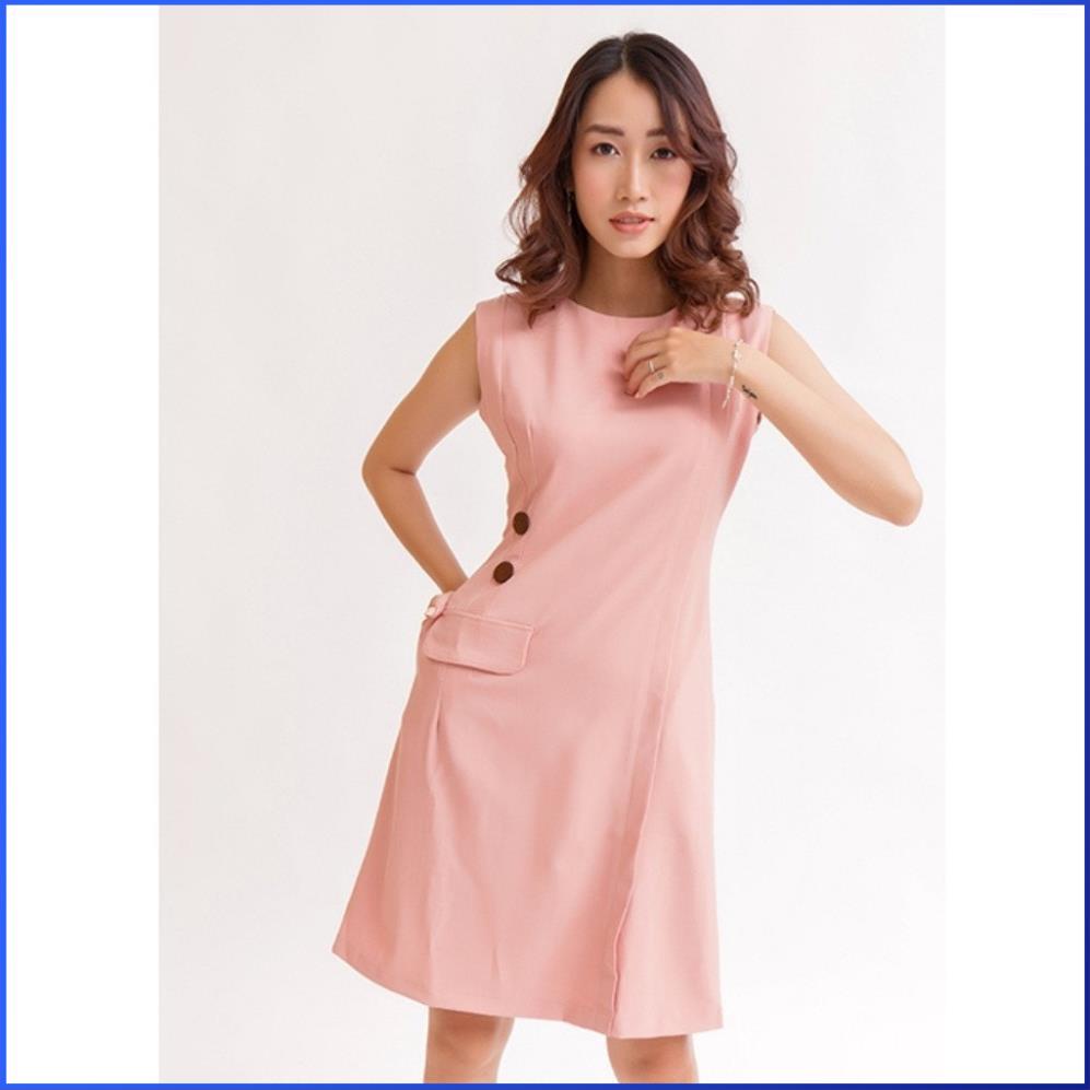 Đầm Chữ A Nữ MATHOA Váy Thiết Kế Cổ Tròn Không Tay Phối Nút Gỗ Màu Đỏ Mặc Đi Làm Đi Chơi Thời Trang Đẹp Nhiều Size