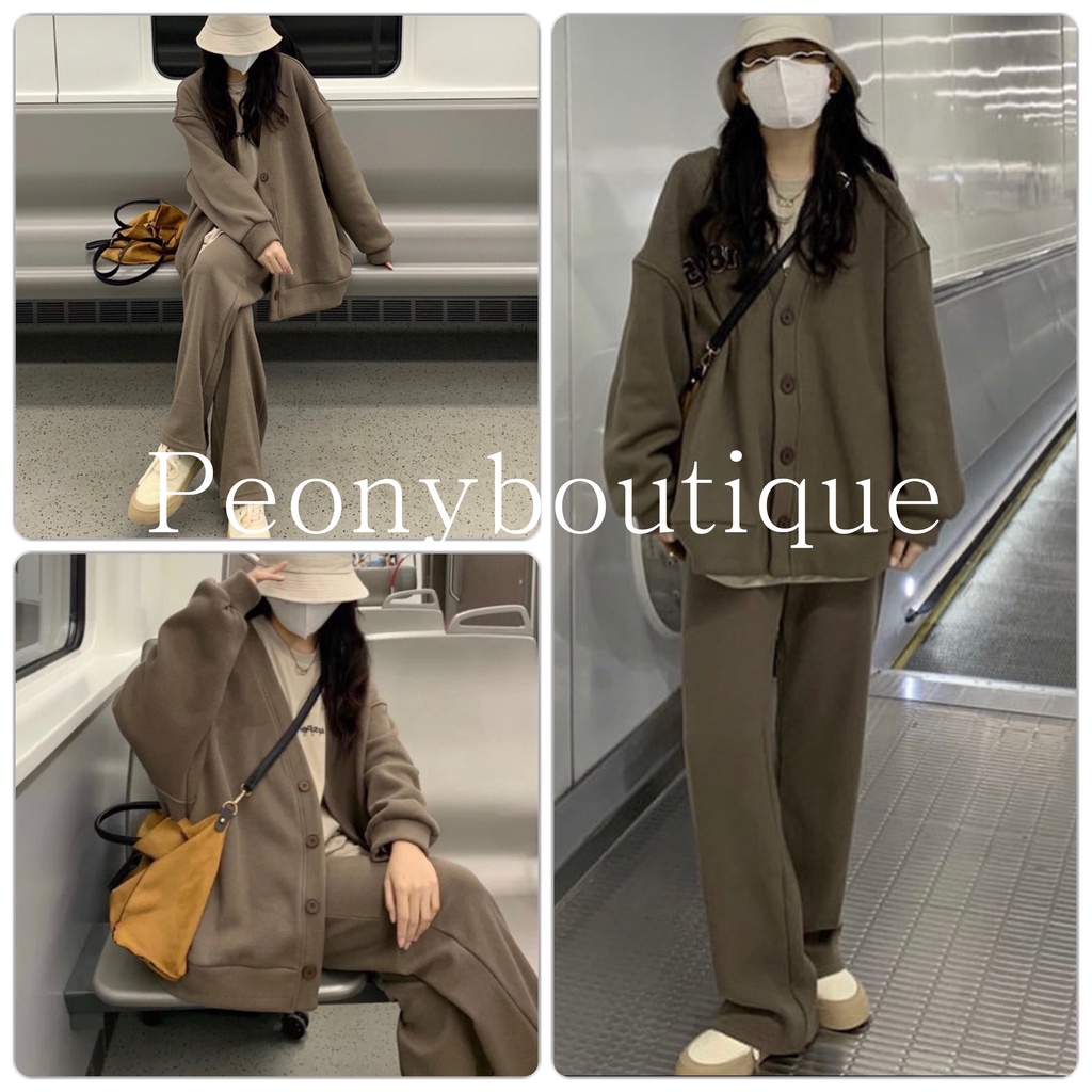 Bộ Nỉ Cardigan Rêu PEONYB Nữ [FREESHIP] Set quần suông áo khoác form rộng tay bồng, sweater kiểu dáng vintage Ulzzang