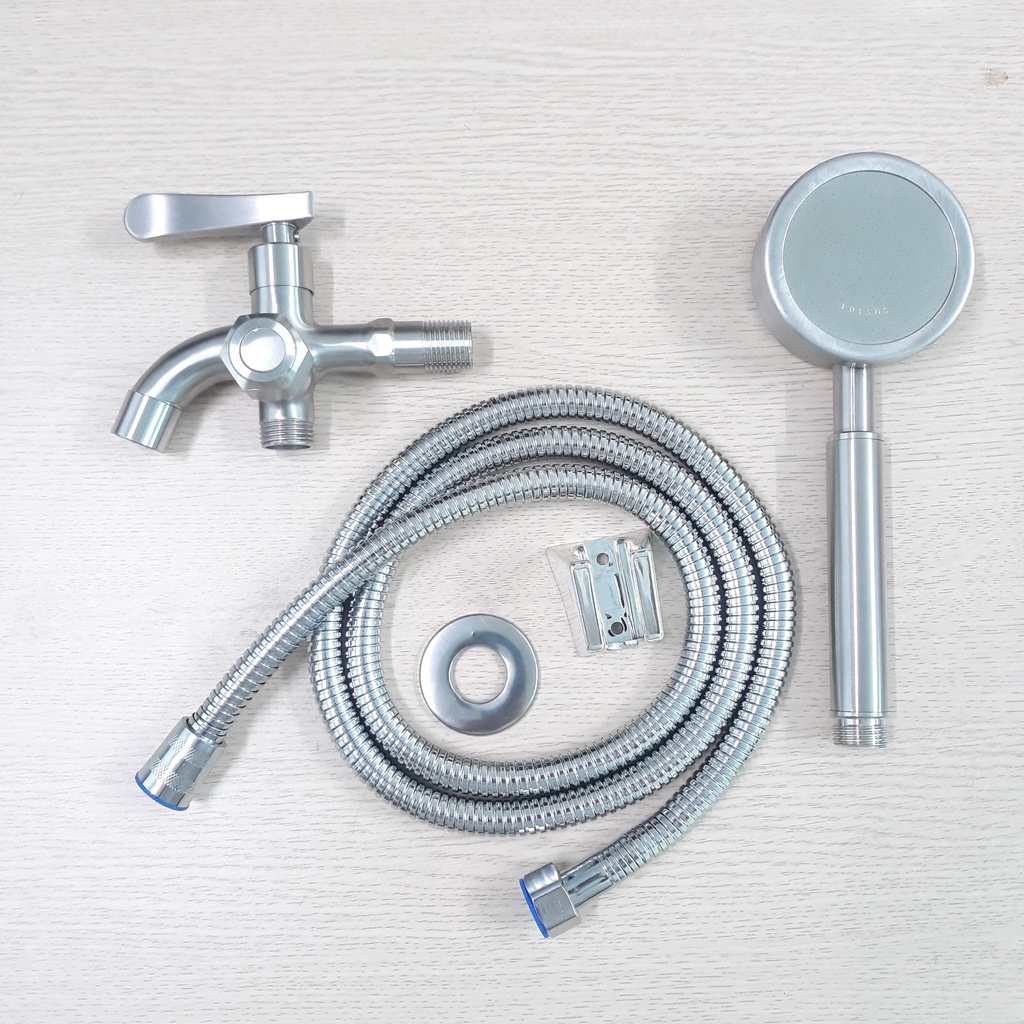 Bộ củ sen 1 đường nước lạnh Inox 304 kèm Tay sen tăng áp Inox Dày chống oxi hóa tiết kiệm nước Đủ bộ: Củ sen+tay+dây+cài