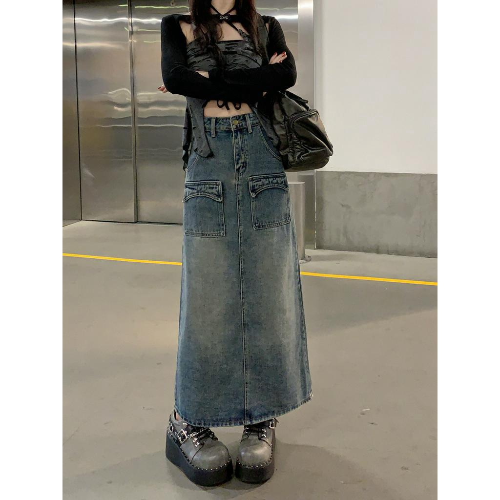 62385 Chân Váy Denim Dài Vừa Vặn Có Túi Phía Trước