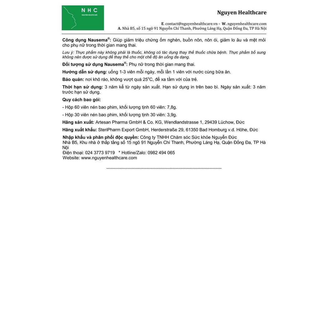 Nausema viên uống chống ốm nghén, tạo máu, giảm chóng mặt lo âu cho mẹ bầu - Hộp 30 viên