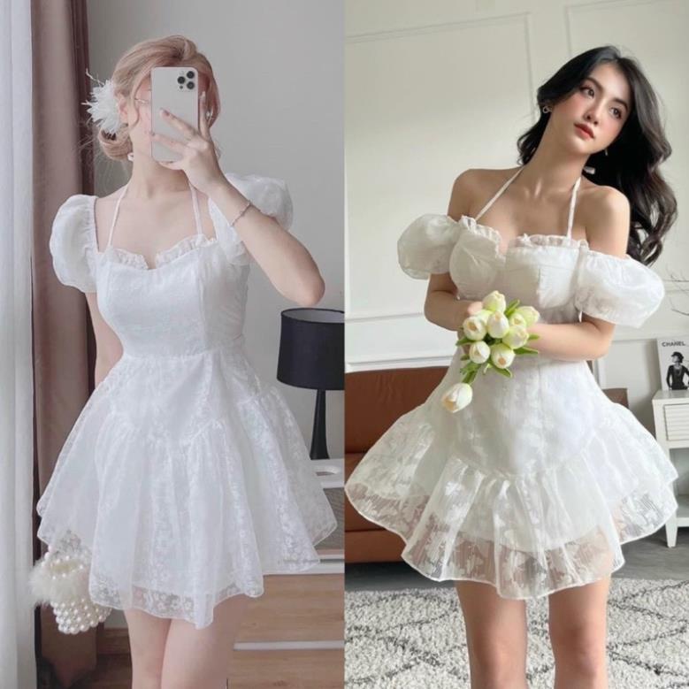 Đầm ren trắng tơ hoa nổi tay con bồng/phồng, váy ngắn xoè nhẹ dễ thương, thời trang nữ đi chơi dạo phố dự tiệc đơn giản
