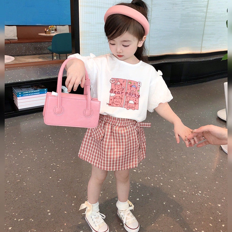 Set Áo Thun Ngắn Tay In Hoạt Hình + Quần Short Kẻ Sọc Ca Rô Thời Trang Mùa Hè Cho Bé Gái