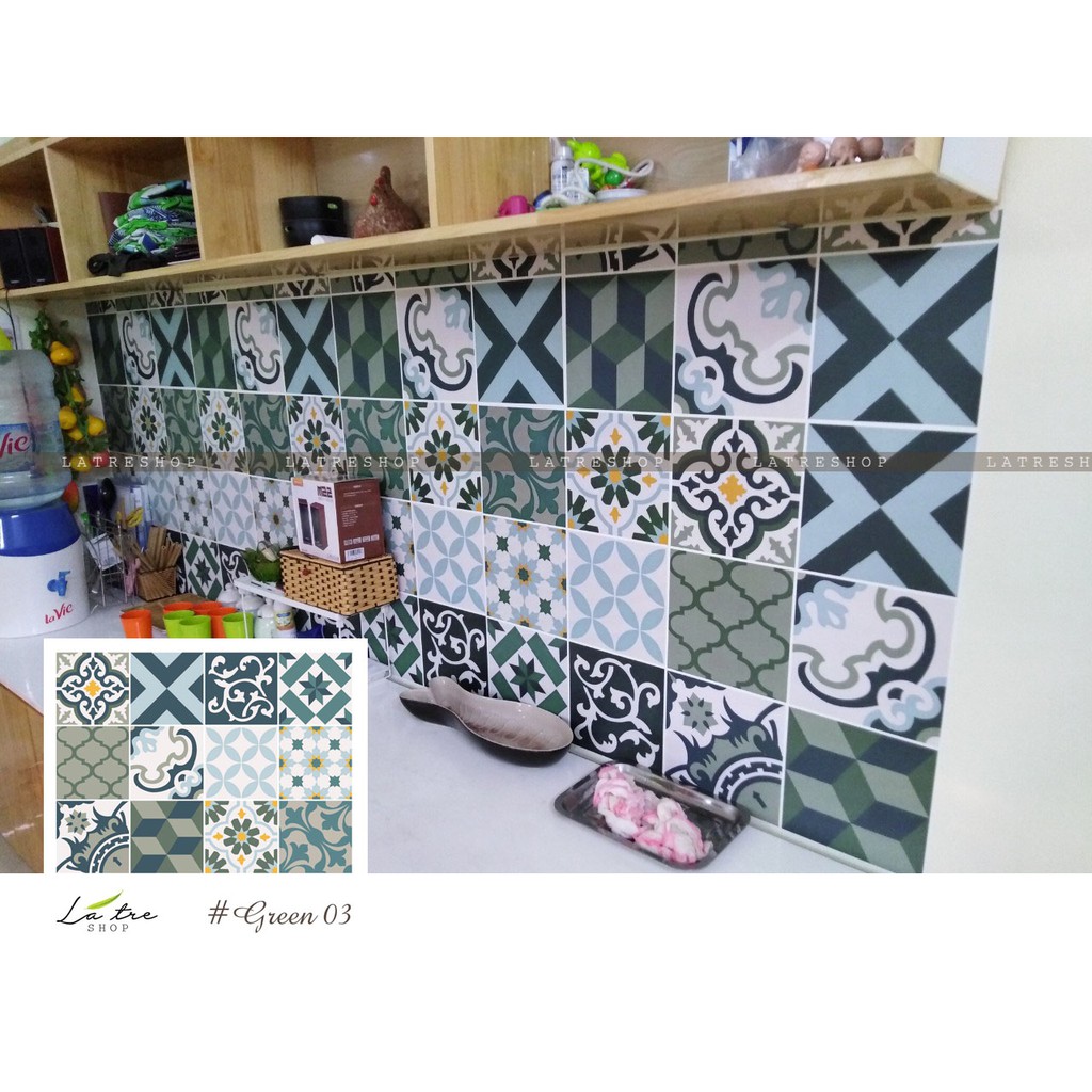 Decal gạch bông chịu nhiệt dán bếp tường nhà tắm dễ lau chùi đề can loại 1 - Green 0006