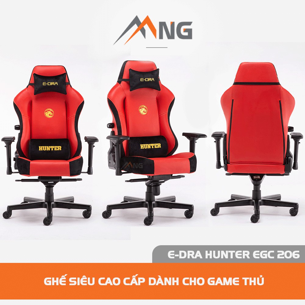 Ghế chơi game EDra - Hunter EGC206 da cao cấp PU, ngả 180 độ màu đỏ, đen, trắng - Chính hãng, bảo hành 12 tháng